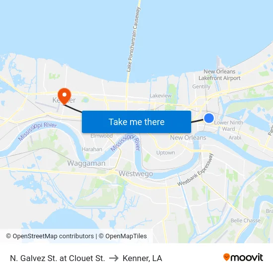 N. Galvez St. at Clouet St. to Kenner, LA map