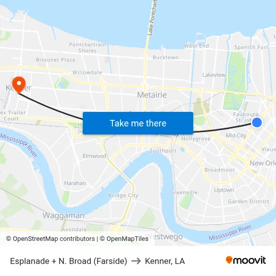 Esplanade + N. Broad (Farside) to Kenner, LA map