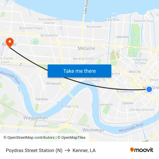 Poydras Street Station (N) to Kenner, LA map