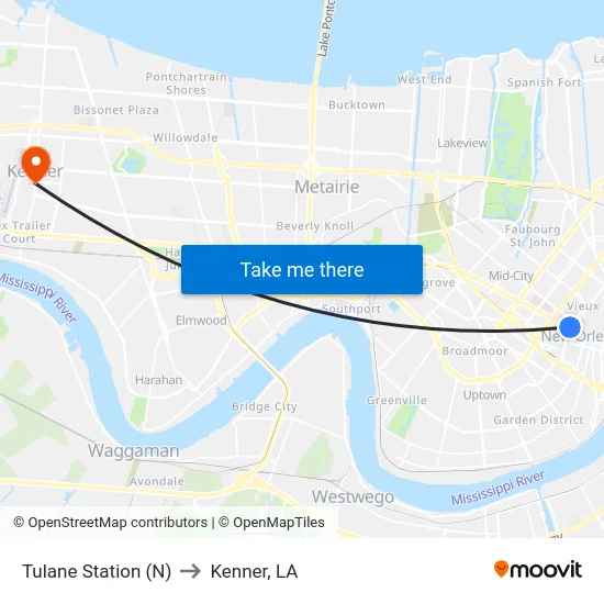 Tulane Station (N) to Kenner, LA map