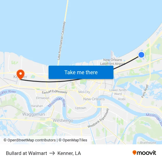 Bullard at Walmart to Kenner, LA map