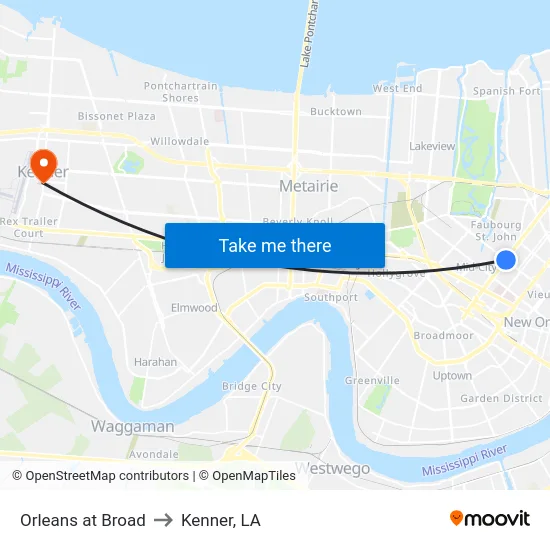 Orleans at Broad to Kenner, LA map