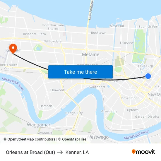 Orleans at Broad (Out) to Kenner, LA map