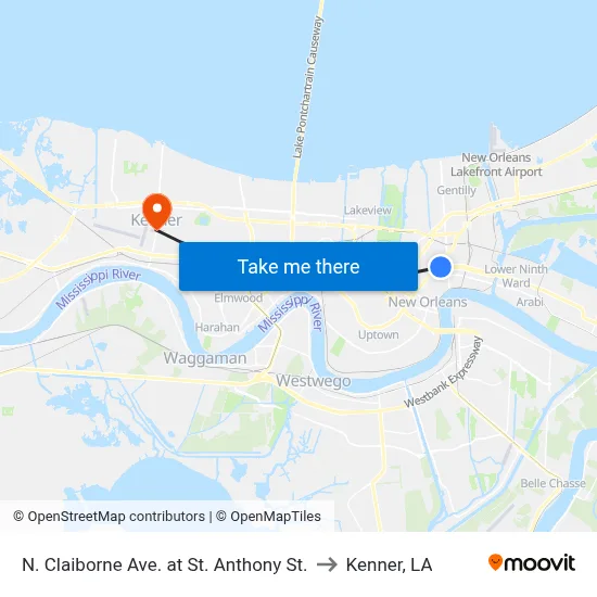 N. Claiborne Ave. at St. Anthony St. to Kenner, LA map