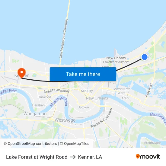 Lake Forest at Wright Road to Kenner, LA map