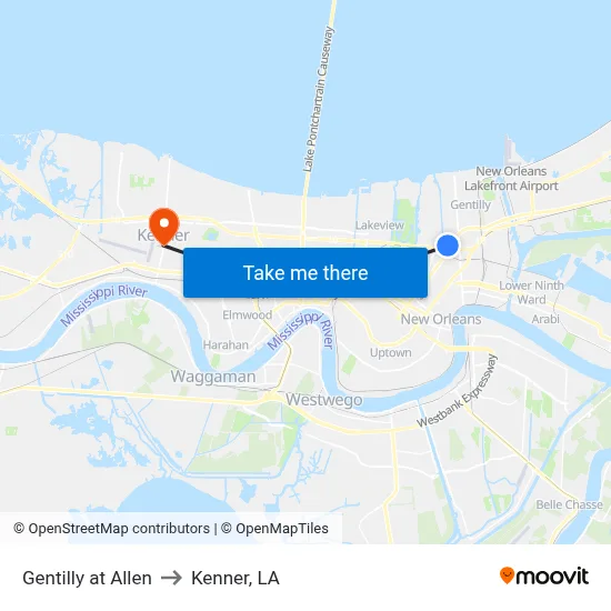 Gentilly at Allen to Kenner, LA map