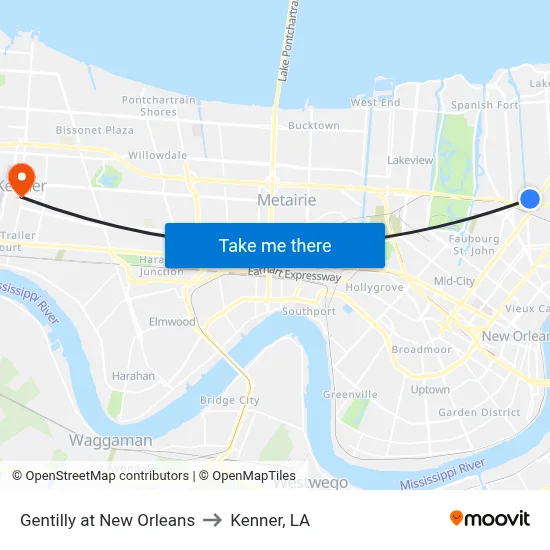Gentilly at New Orleans to Kenner, LA map