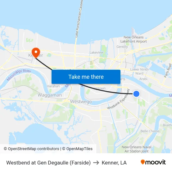 Westbend at Gen Degaulle (Farside) to Kenner, LA map