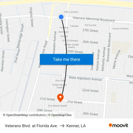 Veterans Blvd. at Florida Ave. to Kenner, LA map