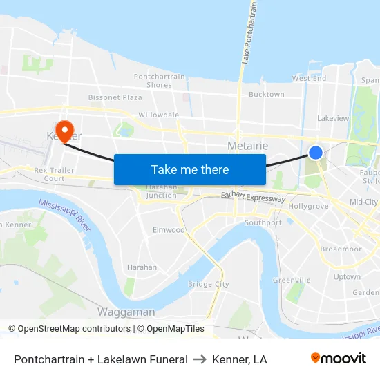 Pontchartrain + Lakelawn Funeral to Kenner, LA map