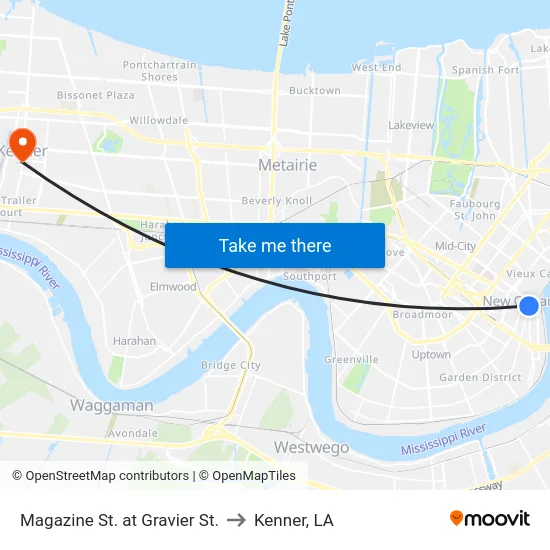 Magazine St. at Gravier St. to Kenner, LA map
