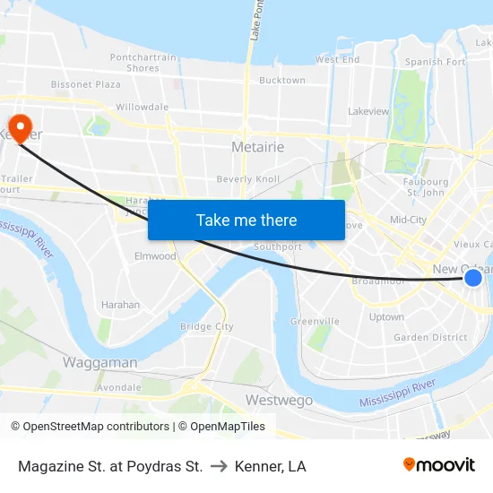 Magazine St. at Poydras St. to Kenner, LA map