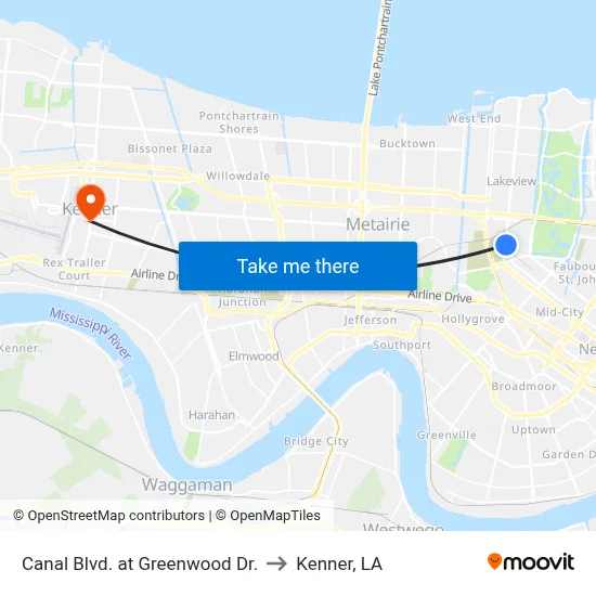 Canal Blvd. at Greenwood Dr. to Kenner, LA map