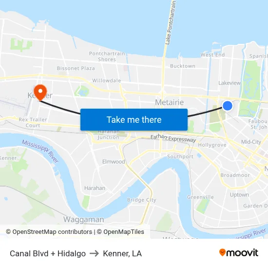 Canal Blvd + Hidalgo to Kenner, LA map