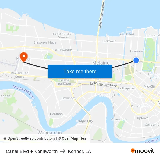Canal Blvd + Kenilworth to Kenner, LA map
