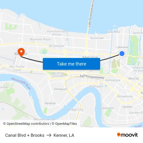 Canal Blvd + Brooks to Kenner, LA map
