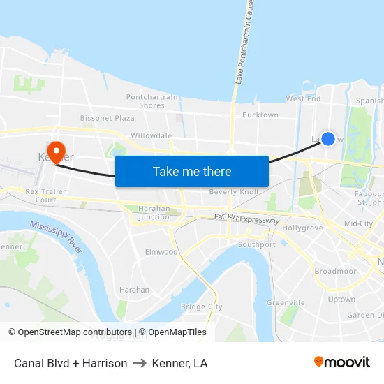 Canal Blvd + Harrison to Kenner, LA map
