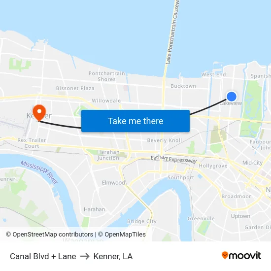 Canal Blvd + Lane to Kenner, LA map