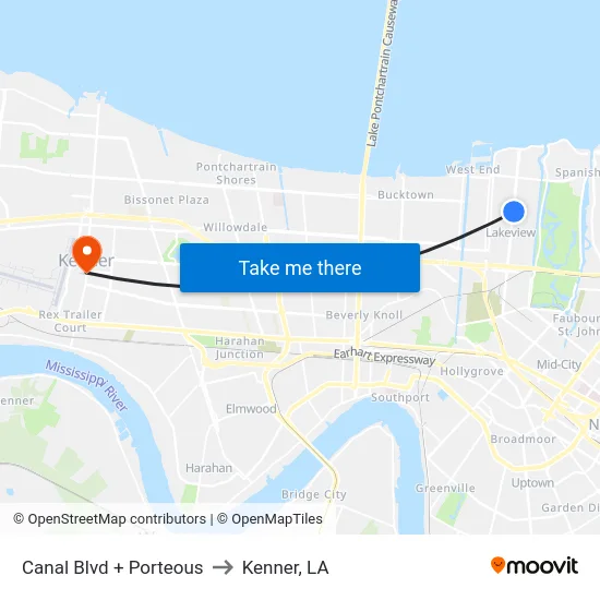 Canal Blvd + Porteous to Kenner, LA map