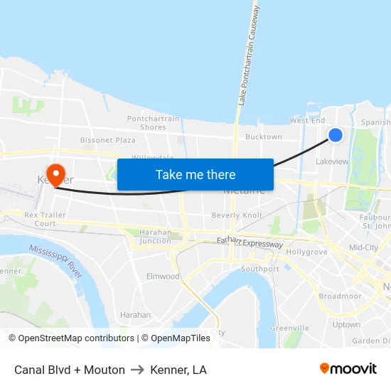 Canal Blvd + Mouton to Kenner, LA map