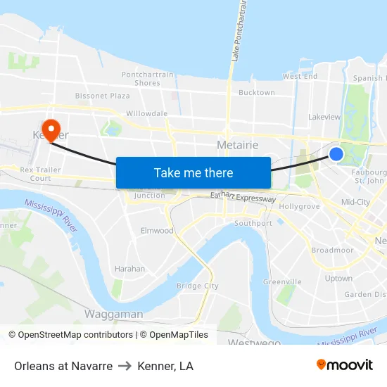 Orleans at Navarre to Kenner, LA map