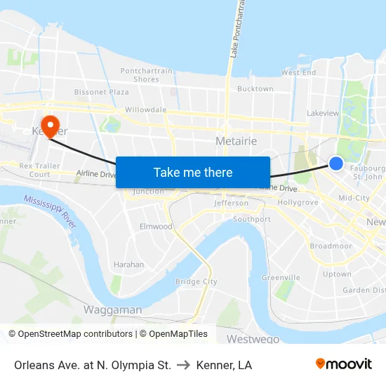 Orleans Ave. at N. Olympia St. to Kenner, LA map