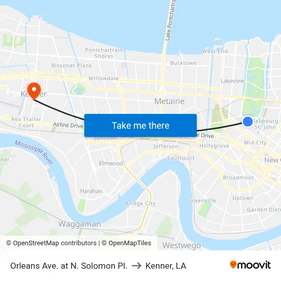 Orleans Ave. at N. Solomon Pl. to Kenner, LA map