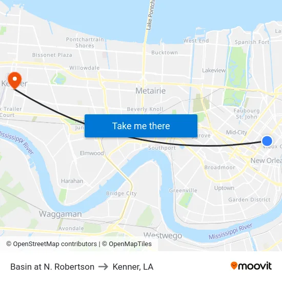 Basin at N. Robertson to Kenner, LA map