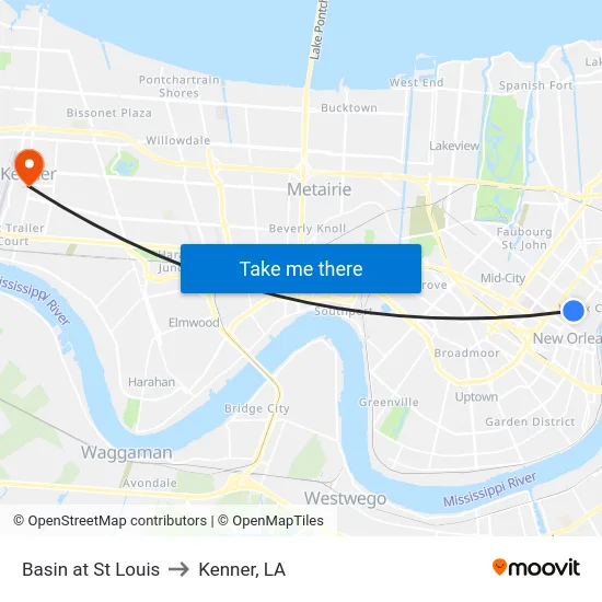 Basin at St Louis to Kenner, LA map