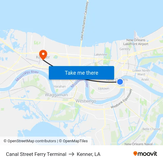Canal Street Ferry Terminal to Kenner, LA map