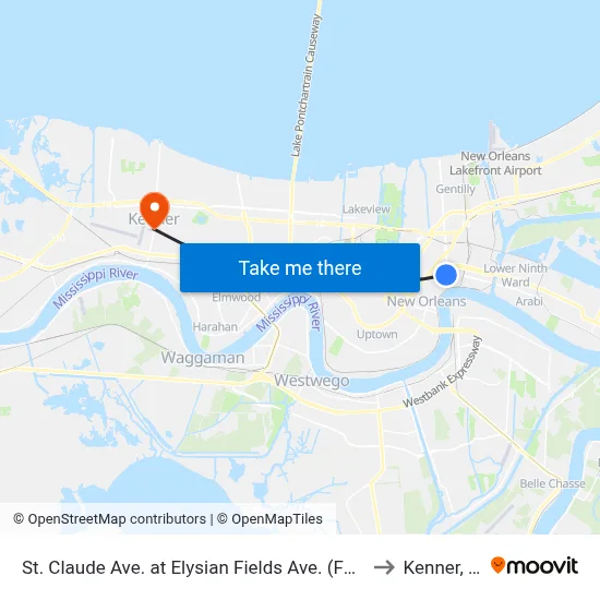 St. Claude Ave. at Elysian Fields Ave. (Farside) to Kenner, LA map