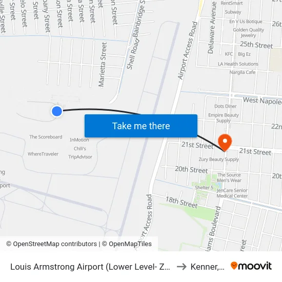 Louis Armstrong Airport (Lower Level- Zone B4) to Kenner, LA map