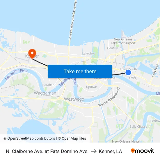 N. Claiborne Ave. at Fats Domino Ave. to Kenner, LA map