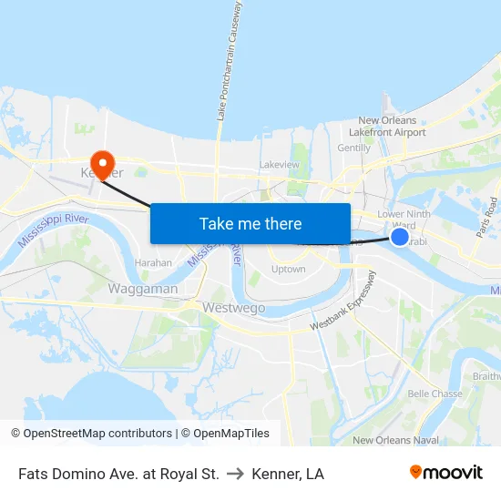 Fats Domino Ave. at Royal St. to Kenner, LA map