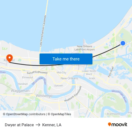Dwyer at Palace to Kenner, LA map