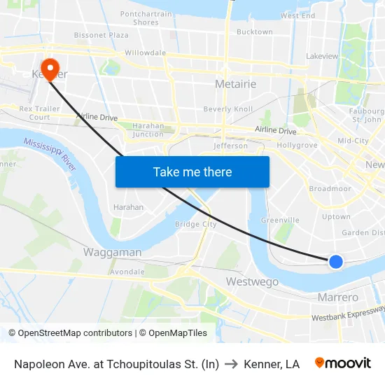 Napoleon Ave. at Tchoupitoulas St. (In) to Kenner, LA map