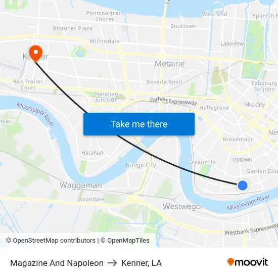 Magazine And Napoleon to Kenner, LA map