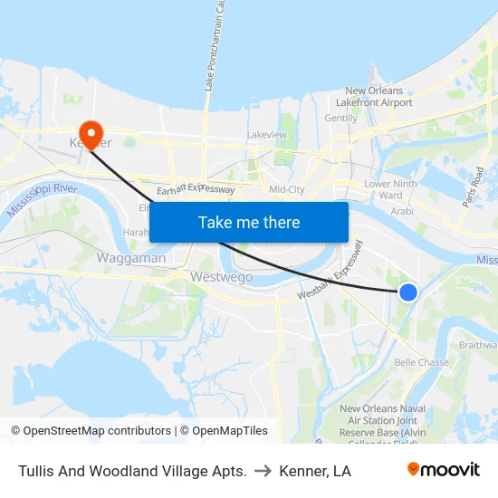 Tullis And Woodland Village Apts. to Kenner, LA map