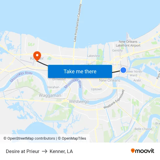 Desire at Prieur to Kenner, LA map