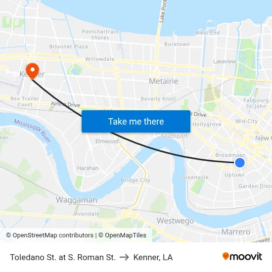 Toledano St. at S. Roman St. to Kenner, LA map