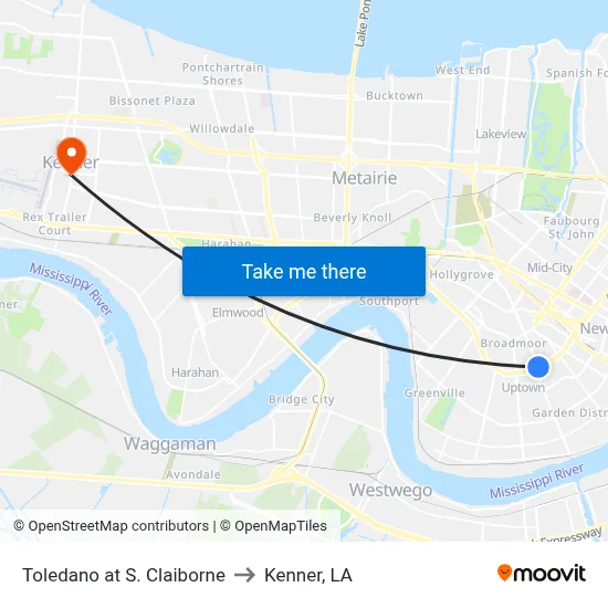 Toledano at S. Claiborne to Kenner, LA map