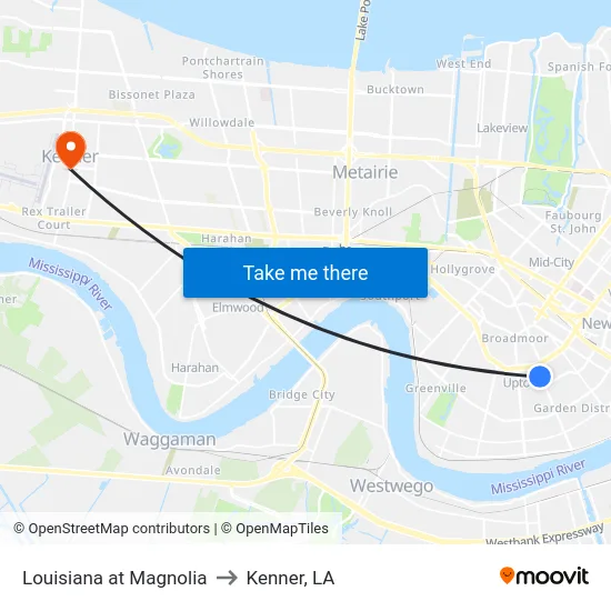 Louisiana at Magnolia to Kenner, LA map