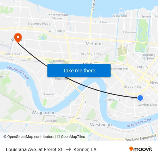 Louisiana Ave. at Freret St. to Kenner, LA map