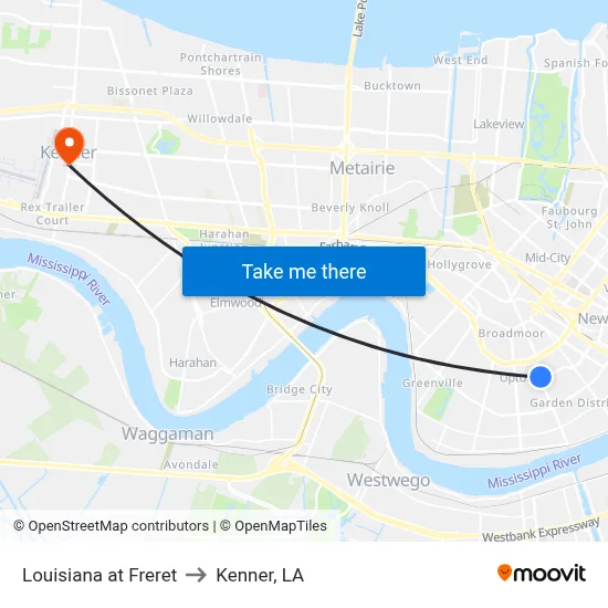 Louisiana at Freret to Kenner, LA map