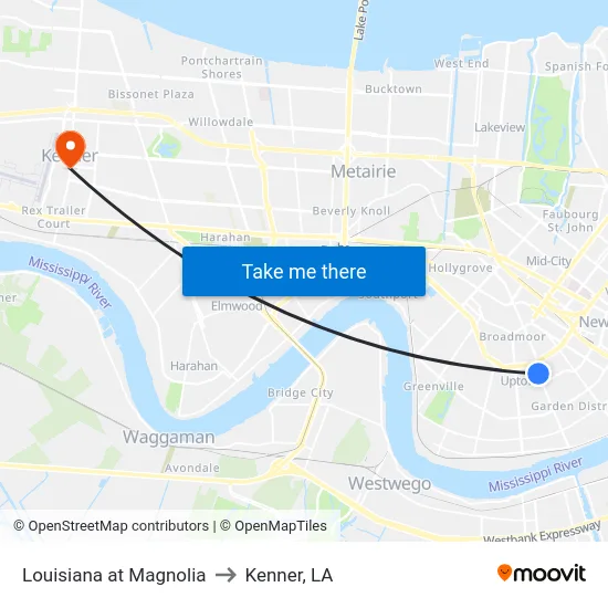 Louisiana at Magnolia to Kenner, LA map