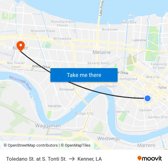 Toledano St. at S. Tonti St. to Kenner, LA map