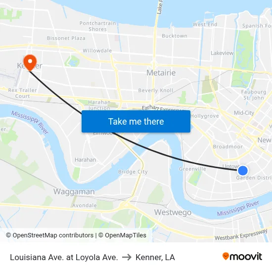 Louisiana Ave. at Loyola Ave. to Kenner, LA map