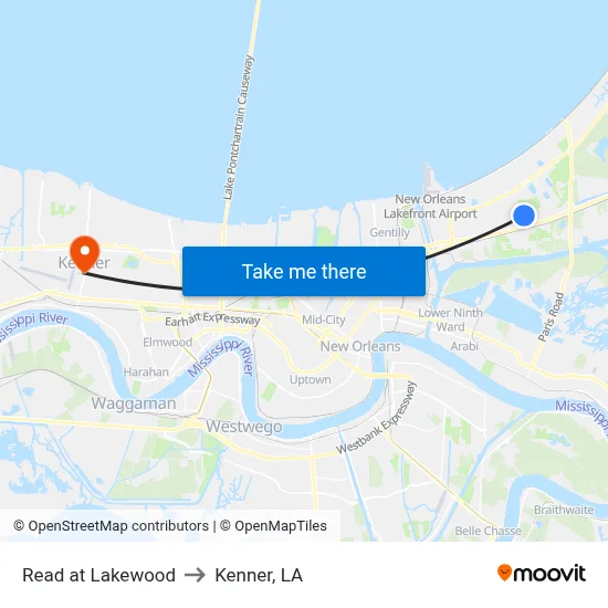 Read at Lakewood to Kenner, LA map