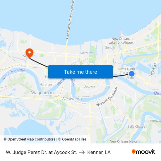 W. Judge Perez Dr. at Aycock St. to Kenner, LA map