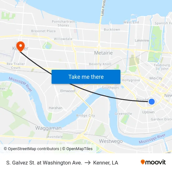 S. Galvez St. at Washington Ave. to Kenner, LA map